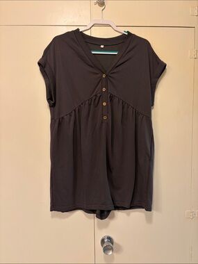 Gray Short-Sleeve V-Neck Button Front Romper
